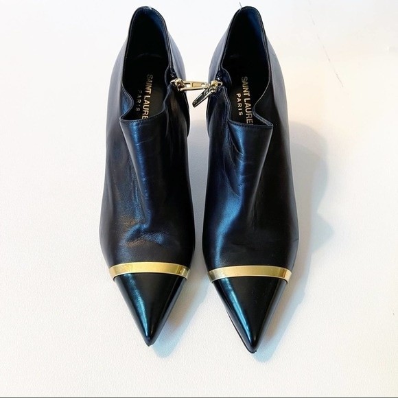 Saint Laurent Pointed Cap Toe Mid Heel Boots with Gold Accent Size 39.5 - Picture 4 of 16